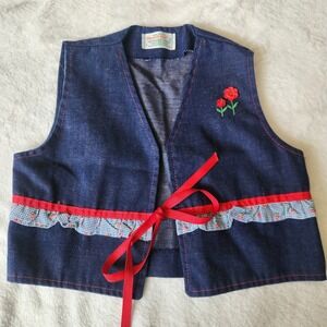 Vintage 70s Health-Tex  Kids Denim  Ribbon Floral Button Vest Size 6